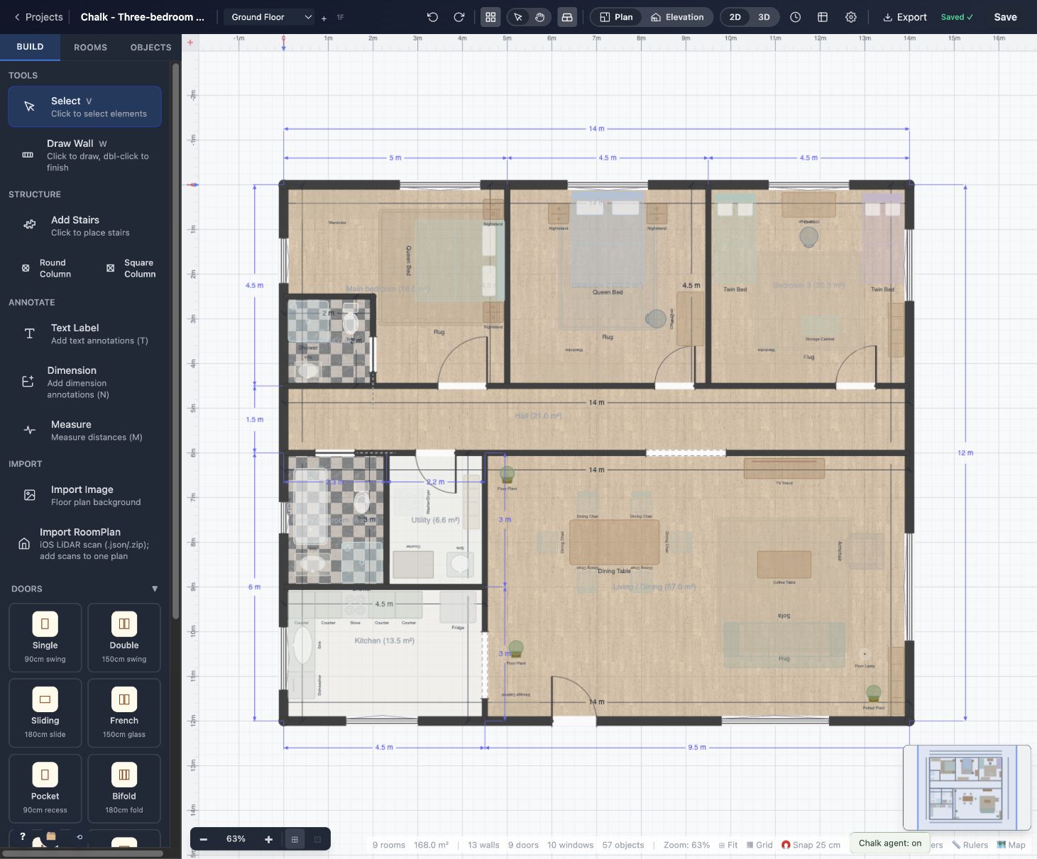 Measured floor plan of the furnished three-bedroom family home